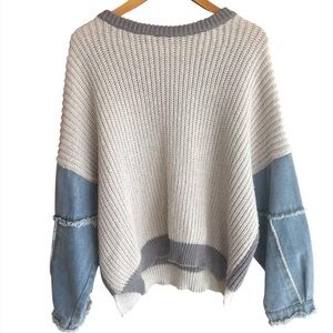 Debut Oversized Grey and Ivory Sweater with Distressed Denim Sleeves